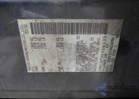 2010 Nissan Altima 2.5 S z USA, uszkodzony, nr VIN 1N4AL2AP3AN466535